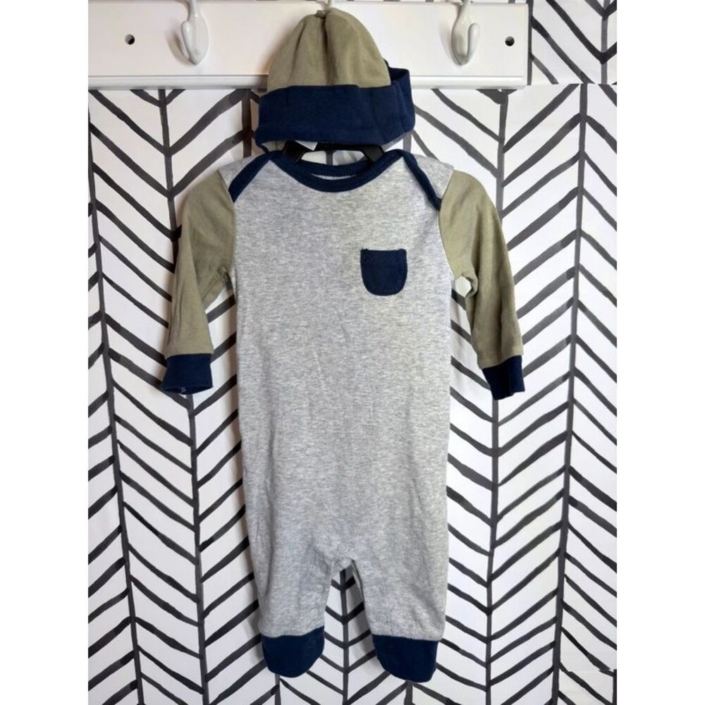 Carter’s Green, Blue & Gray Colorblock Cotton Outfit  & Hat Set Baby Boy 3M 7123